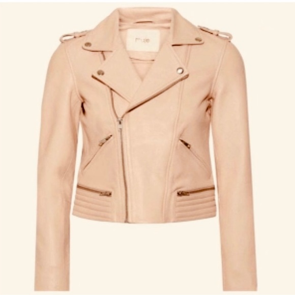 Maje Moto Biker Cropped Soft Blush Pink Leather Zipper Asymmetrical Jacket S 36 - Picture 1 of 13